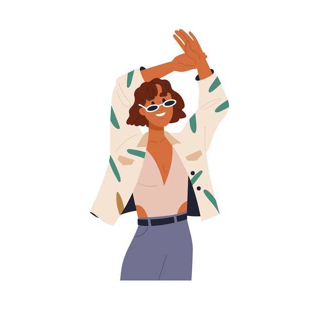 young pretty suntanned woman posing with bent arms. happy smiling girl in sunglasses and casual modern summer clothes, fashion trendy apparel. flat vector illustration isolated on white background.