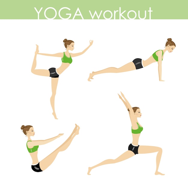 Young pretty woman doing yoga or stretching workout poses set white background vector illustration