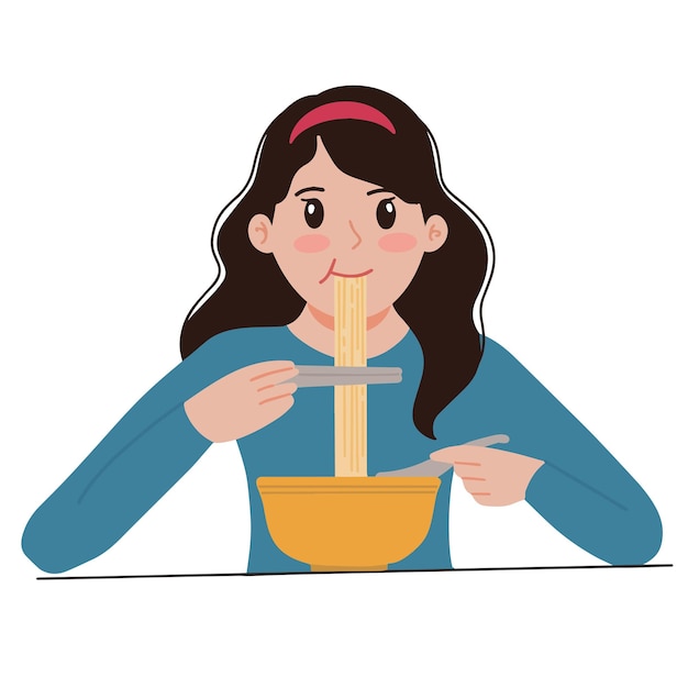 Young pretty woman get lunch eat noodles illustration