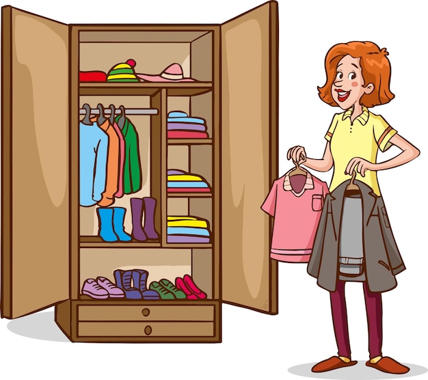 Vector young, pretty woman hanging dresses in wardrobe in bedroom at home