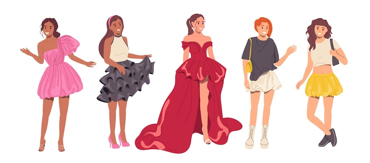 Vector young pretty women cartoon characters wearing beautiful bubble dress and skirt fashion outfit set