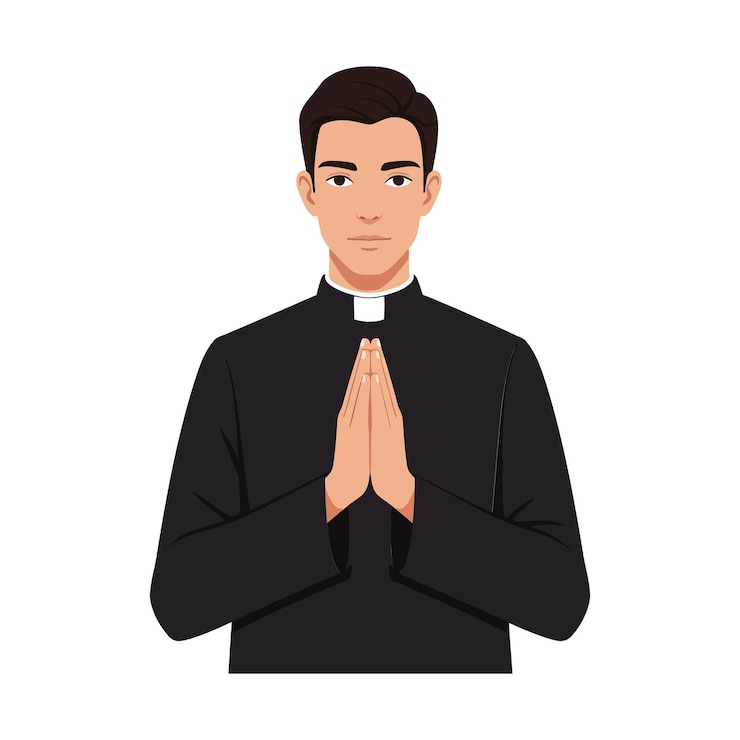 Vector 黒いスーツを着た若い司祭が手をつないで最小限のベクトルイラストでやかな表情を示しています
