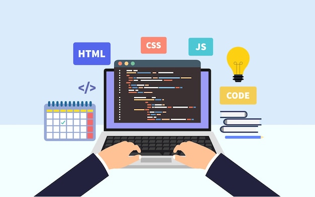 Young programmer code for client projects developer writing program code flat vector