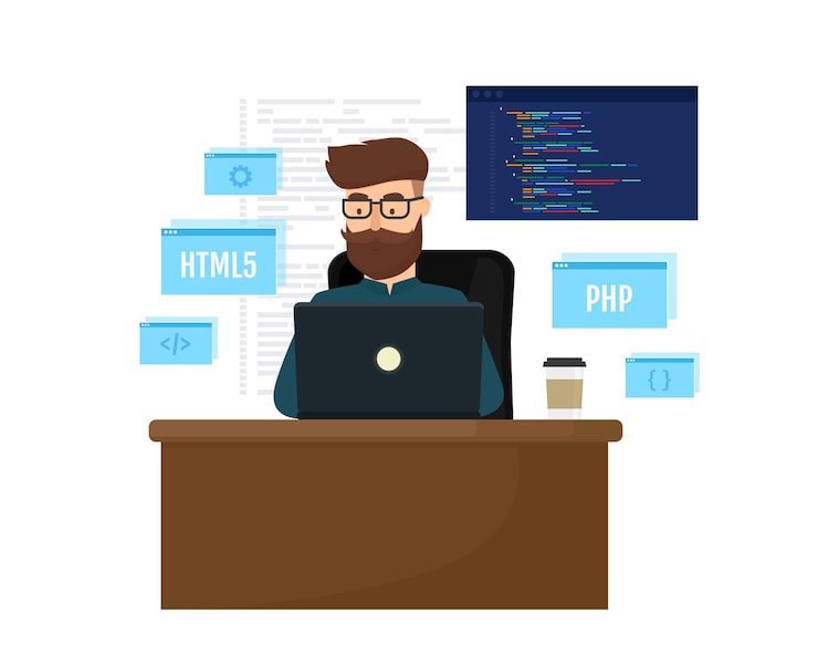 Vector 랩톱 프로그래밍 및 엔지니어링 개념을 사용하여 새 프로젝트를 코딩하는 젊은 프로그래머