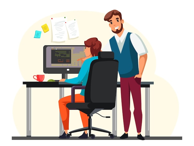 コンピューターの若いプログラマーとオフィスで話している上司のチーフ同僚が新しいハードウェアソフトウェアコーディングプログラミングプロセスについて話し合っている