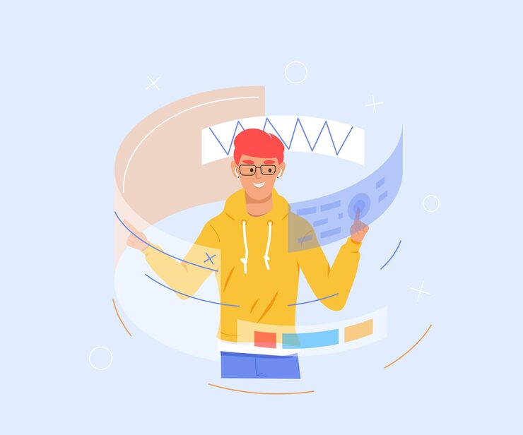 Вектор молодой программист сосредоточен на рабочем проекте разработка технологий программирования и кодирования экран с разработчиком кодов за работой с задачей компьютерное программное обеспечение для кодирования с ноутбуком и пк изолировано