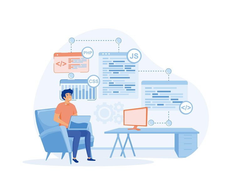 Vector young programmer concentrated at working project developing programming and coding technologies