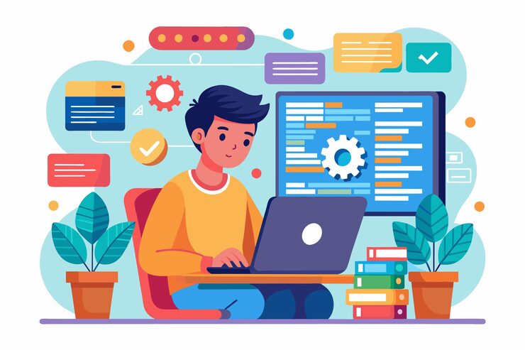 Vector a young programmer is focused on coding with a laptop surrounded by vibrant interface elements and greenery programmer using device to code test and write programs in flat illustration