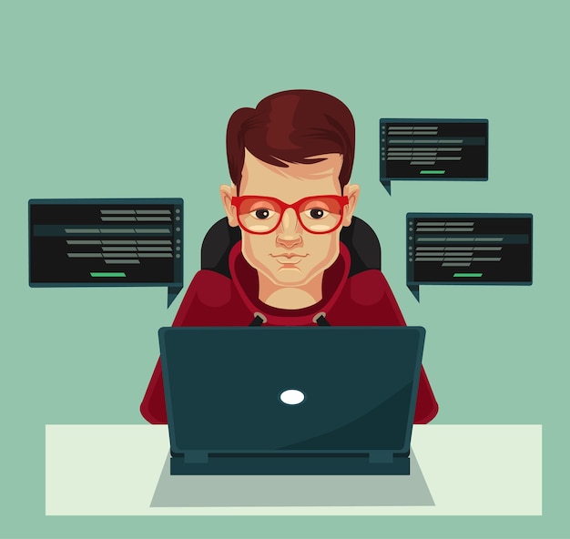 Young programmer man character coding flat cartoon illustration