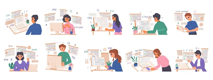 Vector young programmers study and work happy woman programmer professional computer coding geek software developer vector female character working with data illustration of programmer with laptop