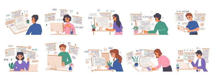 Vector 年轻程序员学习和工作 快乐的女程序员 专业的计算机编码狂人 软件开发者 矢量女角色使用数据 笔记本电脑的程序员插图