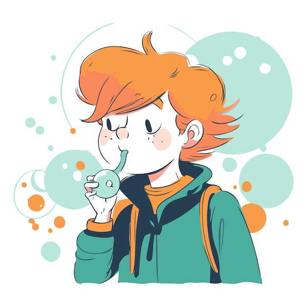 Vector young redhaired boy in a green jacket holds a thermometer in his hand