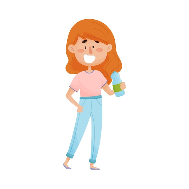 Young redhaired girl character standing and drinking still water from bottle vector illustration