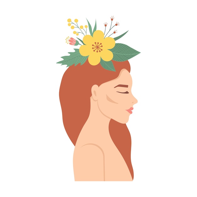 Vector a young redhaired girl with flowers on her head