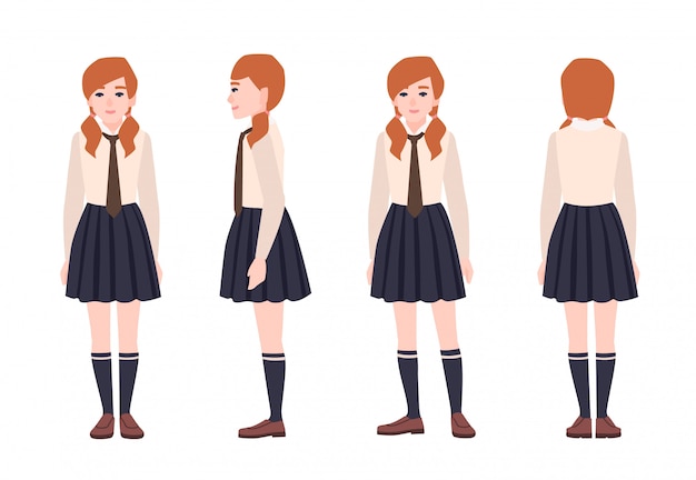 학교 유니폼을 입고 젊은 빨강 머리 소녀. 공식적인 옷을 입고 여자 학생 또는 학생. 플랫 만화 캐릭터 흰색 배경에 고립입니다. 전면, 측면 및 후면 모습. 삽화