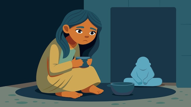 Vector a young refugee girl sits quietly in a corner of the room her fingers moving deftly over a piece of