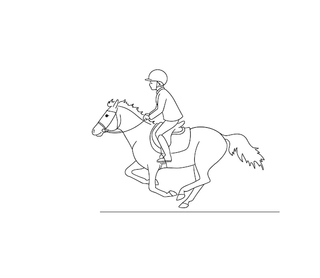 Young rider rides a pony during a competition, vector line art