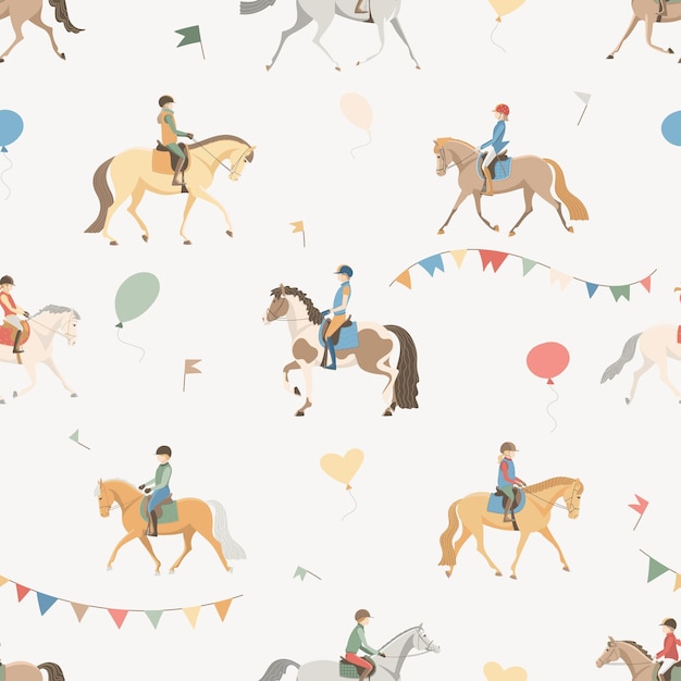 Vector young riders ride horses and ponies seamless pattern