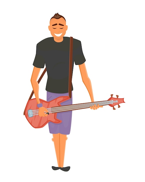 Vector a young rock musician plays the electric guitar and smiles broadly teenager with trendy haircut