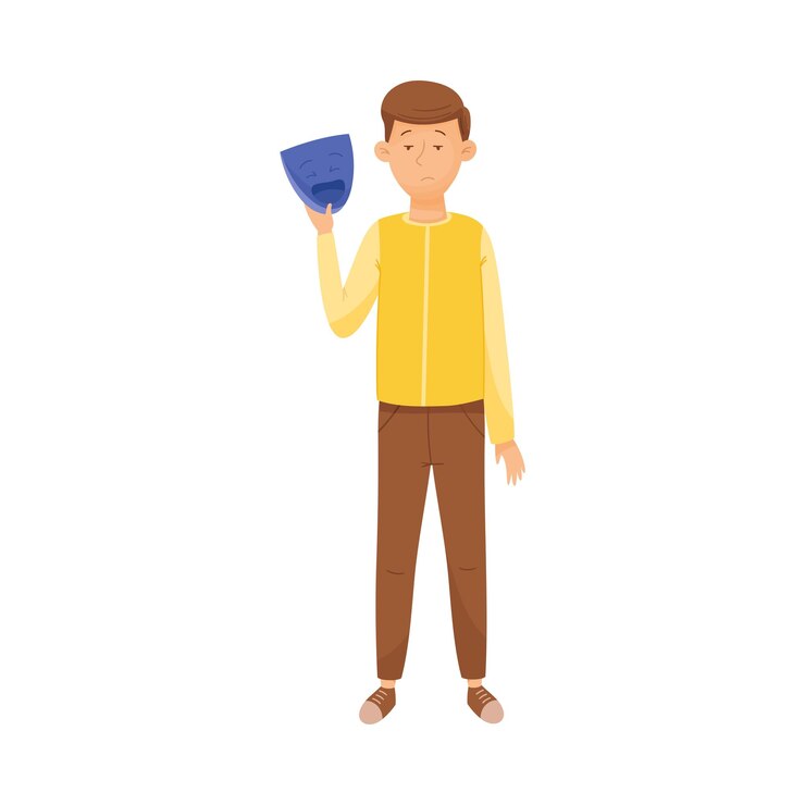 Vector young sad man standing and holding mask with happy emotion in his hands vector illustration
