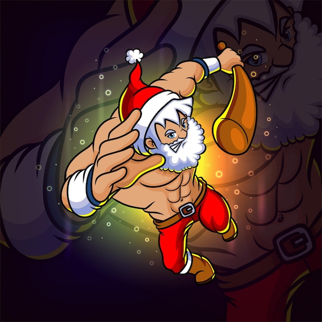 The young santa with baseball stick esport logo design of illustration