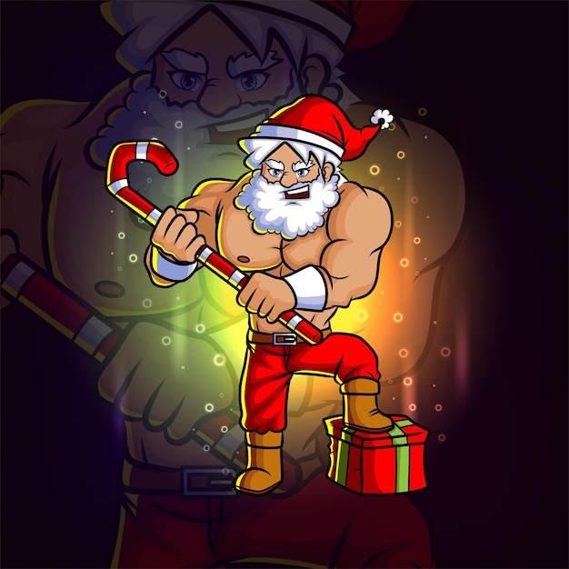 The young santa with the gift and candy stick esport mascot design of illustration