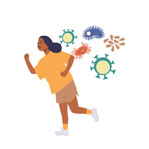 Vector young scared woman cartoon character in fear running away from bacterial or viral infection and flu