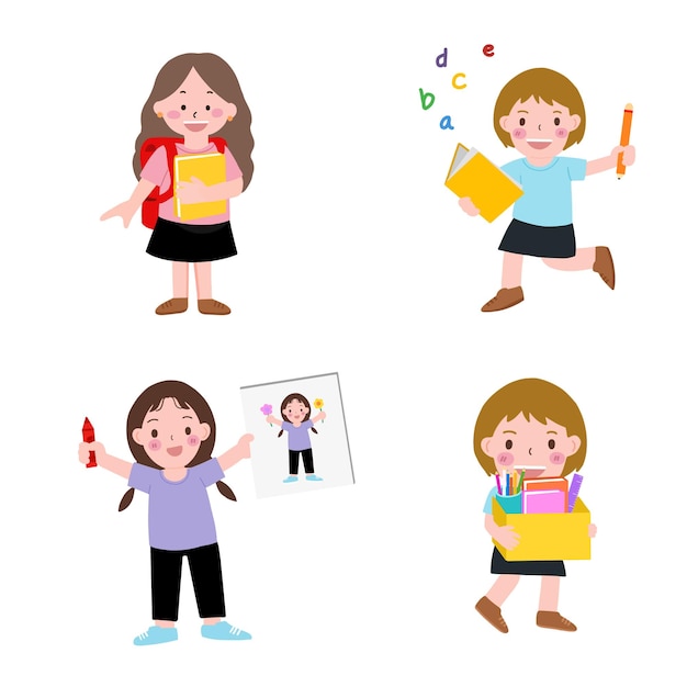 young school girl set kid and child study and activities at school