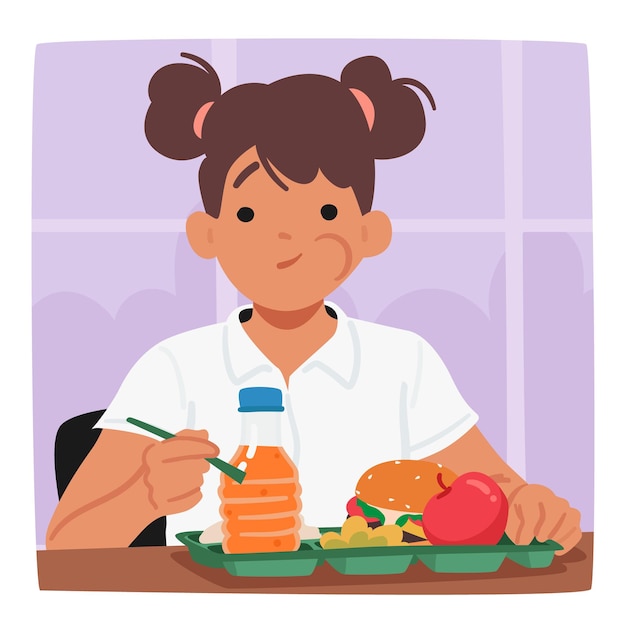 Premium Vector  Young schoolgirl enjoying her lunch break little pupil  girl character munching food savoring every bite creating cheerful moments  in the school cafeteria cartoon people vector illustration