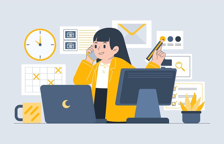 Vector ラップトップ コンピューターに取り組んでいる若い秘書と電話の予約