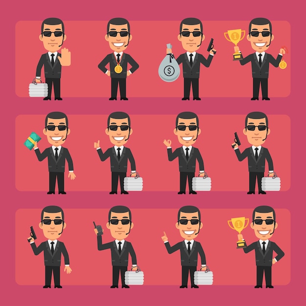 Vector young security guard in black suit in different poses and emotions pack 1 big character set