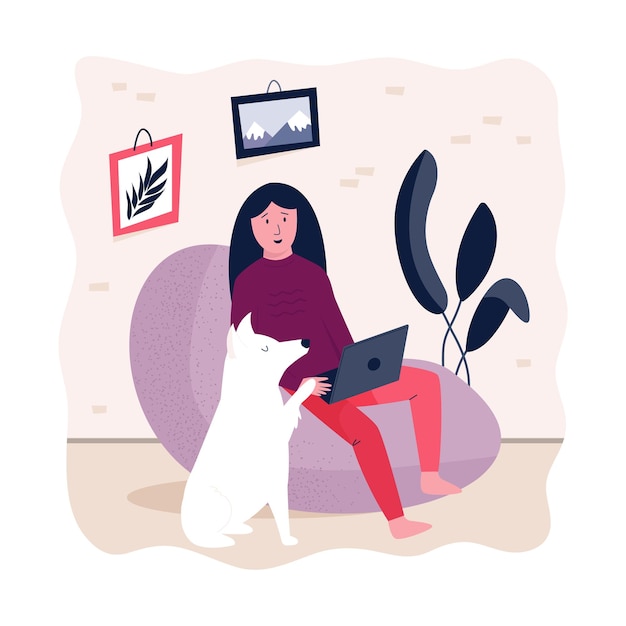 Young self employed woman working remotely from home. freelance, online learning concept. vector illustration