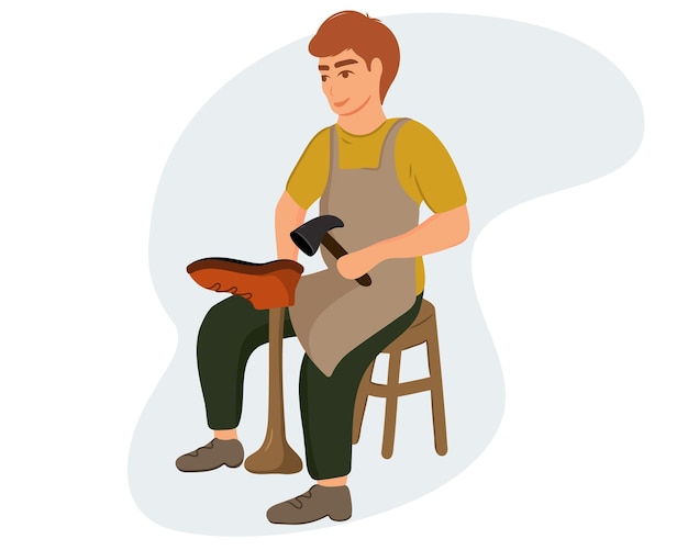 Vector a young shoemaker makes or repairs shoes in a workshop. cartoon vector illustration.