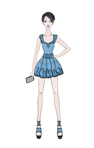 Vector young short-haired girl in a short dress with a smartphone in hand.  fashion illustration,  on white background.