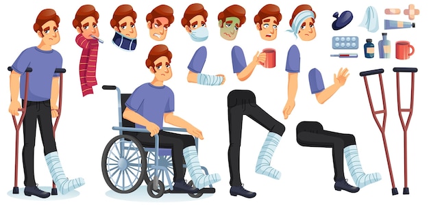 Набор для создания анимированных персонажей молодого больного, инвалида или раненого человека.