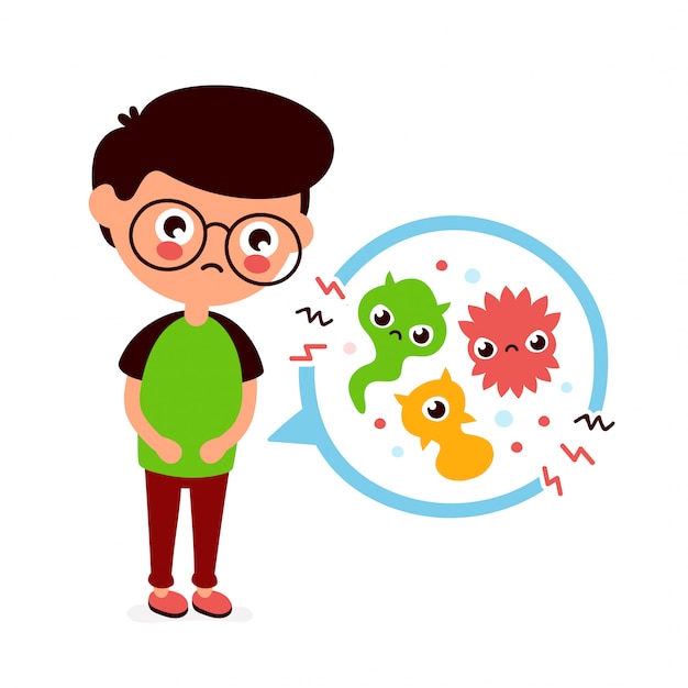 Vector young sick man having stomach ache, food poisoning, stomach problems, abdominal pain.  flat cartoon character illustration.medical,bacteria, germs