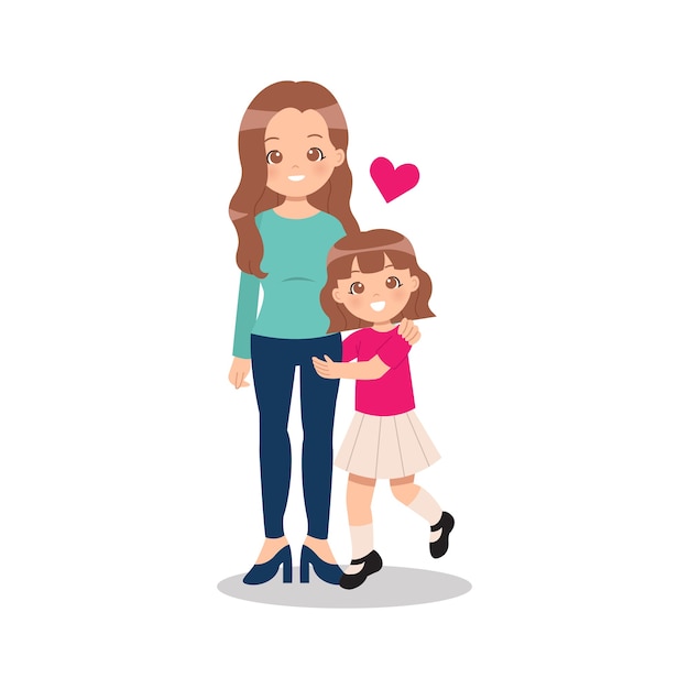 Vector young single parent mother with her daughter girl embrace her mom with love