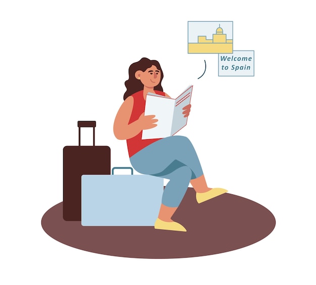 Young sitting on case near luggage, holding map and reading about spain. visiting sightseeing during holidays. time for discovering new places concept. vector flat illustration in blue and red colors