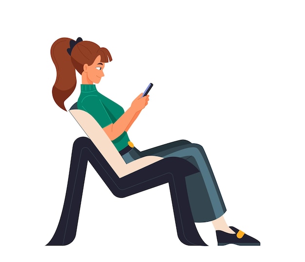 Вектор Молодая сидящая счастливая девушка сидит в удобном кресле и держит портрет смартфона