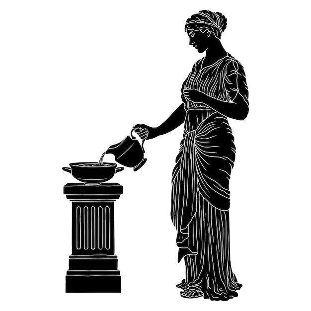 A young slender ancient Greek woman in tunic with a jug pouring water into a bowl