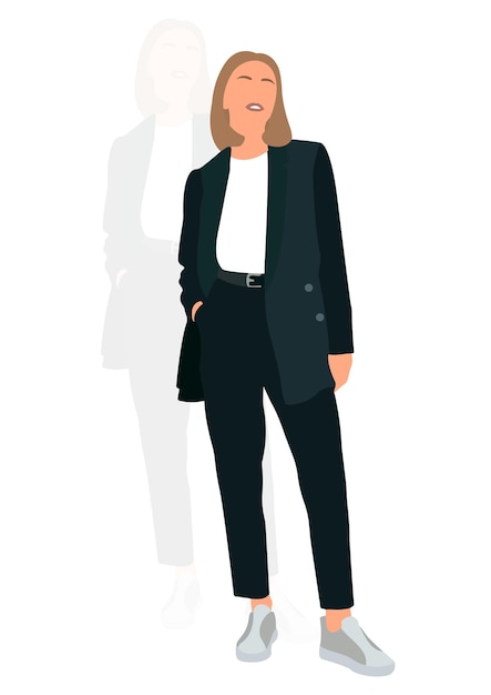 Vector young slim stylish girl in fashionable suit standing isometric flat style