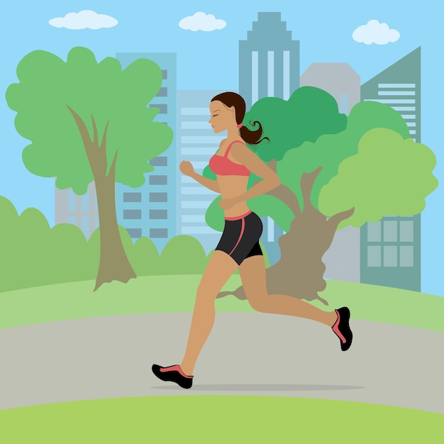 Young and slim woman running in the park fitness cartoon vector illustration