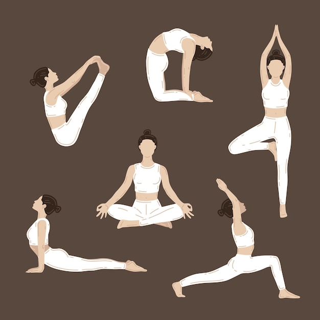 young slim women doing yoga exercises. set of vector illustrations