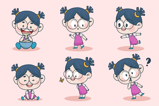 Vector young smart girl character with different facial expression and hand poses.