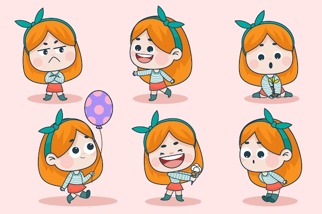 Young smart girl character with different facial expression and hand poses.