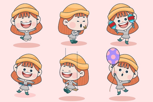 異なる表情と手のポーズを持つ若いスマートな女の子のキャラクター。