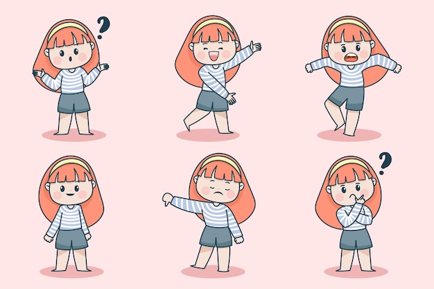 다른 표정과 손 포즈를 가진 젊은 똑똑한 소녀 캐릭터.