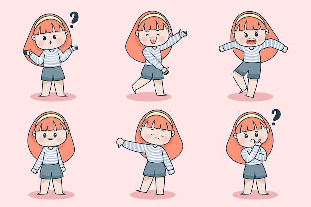 Young smart girl character with different facial expression and hand poses. 