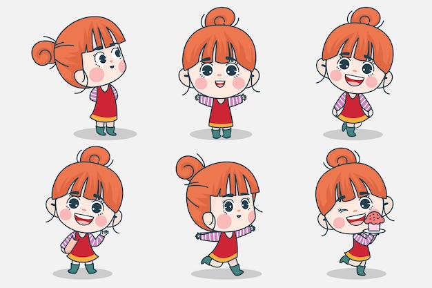 Young smart girl character with different facial expression and hand poses.