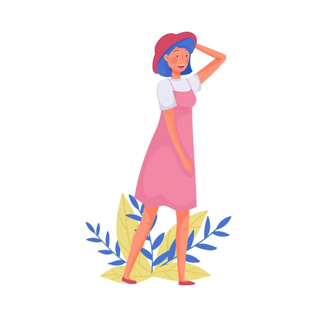 Giovane ragazza sorridente che indossa un vestito e un cappello a bordi larghi che si gode dell'illustrazione vettoriale di un caldo giorno estivo